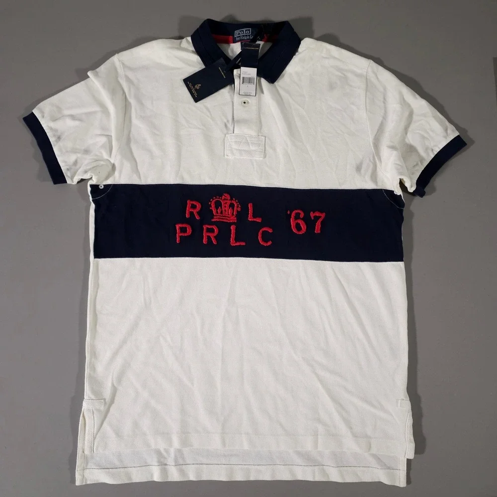 Polo Ralph Lauren Polo Shirt Mens L White Navy RL 67 Embroidered Rugby Style NWT